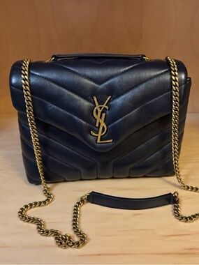 Saint Laurent LouLou Quilted Leather Shoulder Bag - Navy with Gold Chain